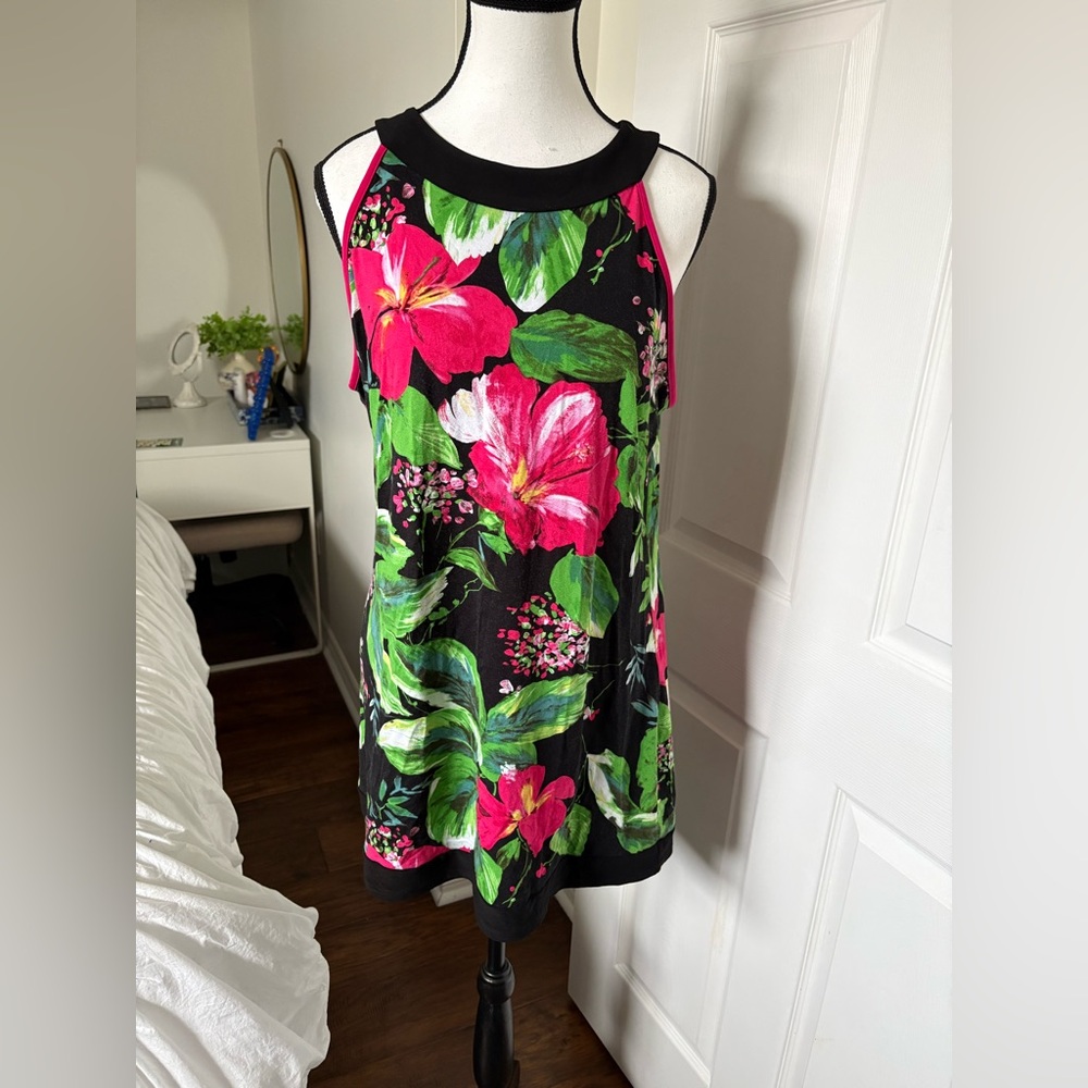Sleeveless Black Floral Shift Top with Pink & Green Print